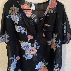 1XL - Floral, Black Sheer Top